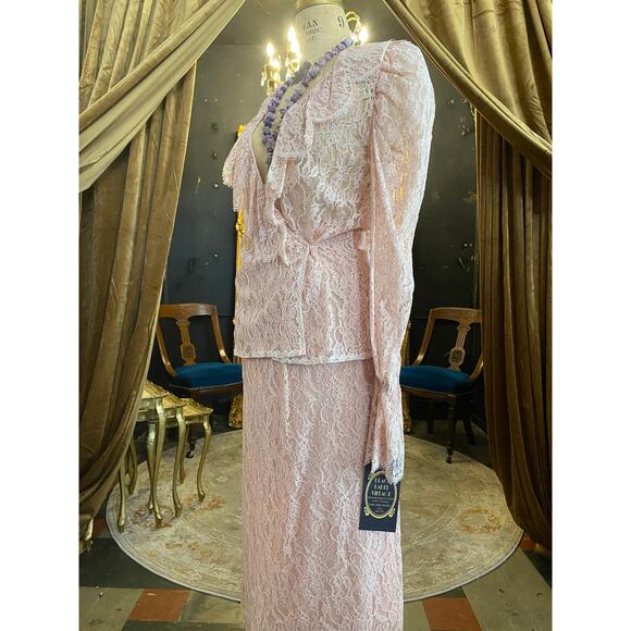 vintage 1980s sheer pink lace suit 80s fashion puff shoulders wrap blouse skirt - Picture 10 of 10